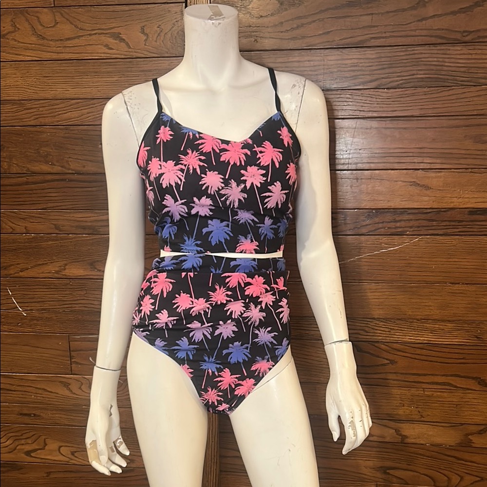 Zaful Black and Pink Palm Tree Bikini